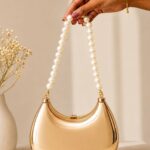 Premium Quality Imported Cresent Shape Golden Clutch with Pearl Sling