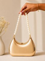 Premium Quality Imported Cresent Shape Golden Clutch with Pearl Sling
