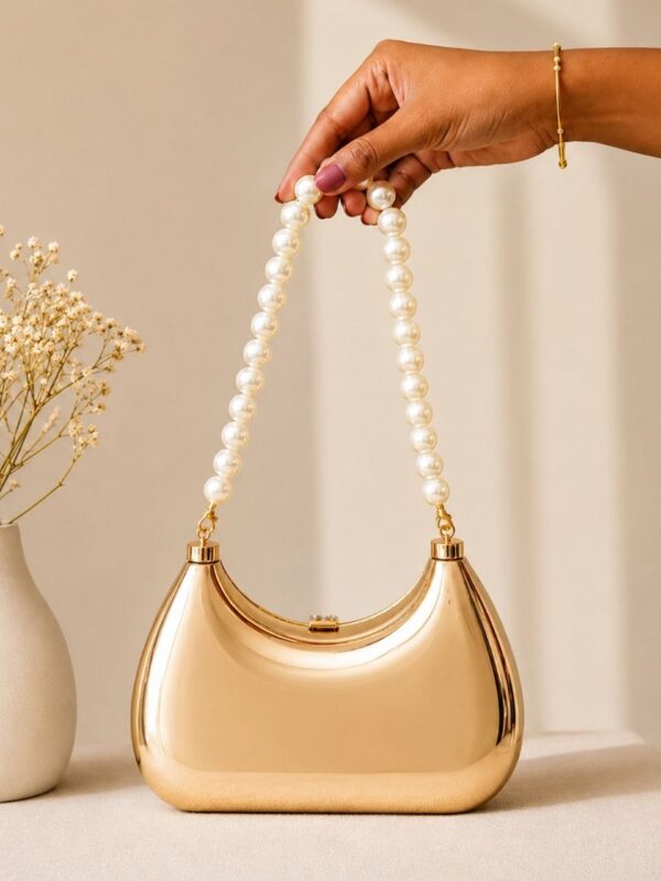 Premium Quality Imported Cresent Shape Golden Clutch with Pearl Sling