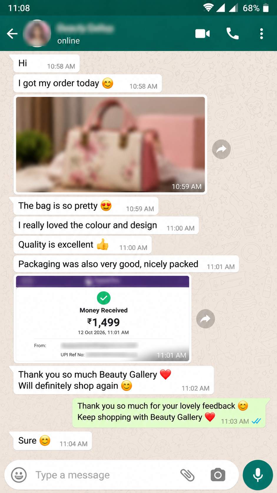 Beauty Gallery customer review on WhatsApp