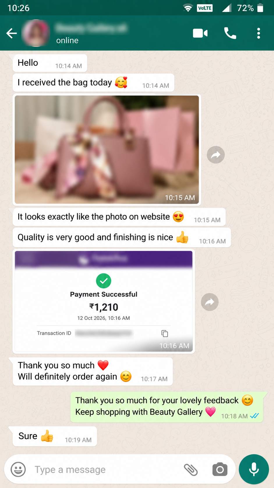 Beauty Gallery customer review on WhatsApp