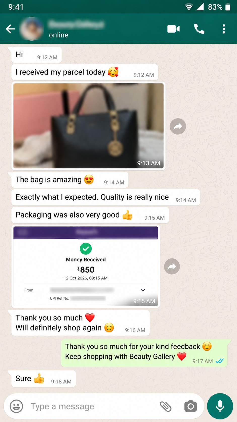 Beauty Gallery customer review on WhatsApp