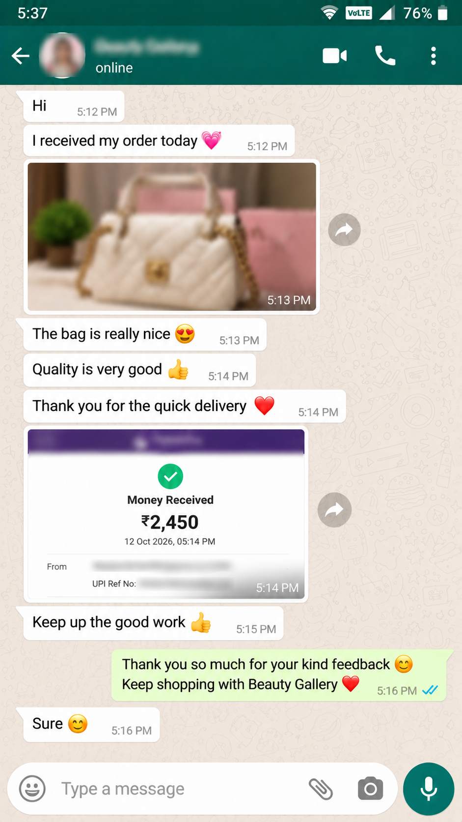 Beauty Gallery customer review on WhatsApp